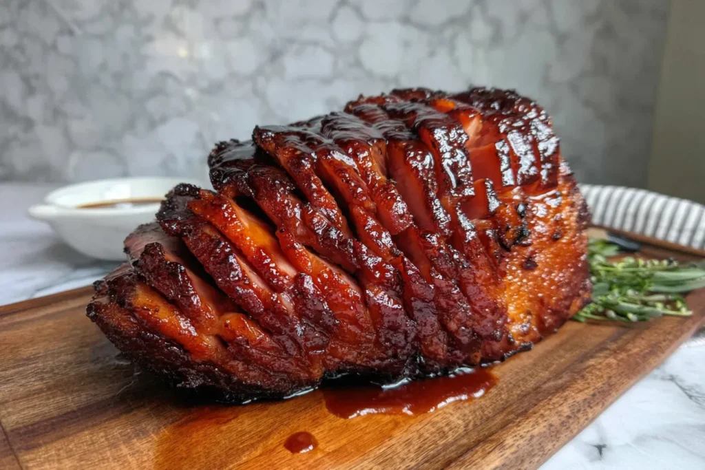 Slow Cooker Honey Glazed Ham sliced on a wooden board with a shiny caramelized honey glaze.