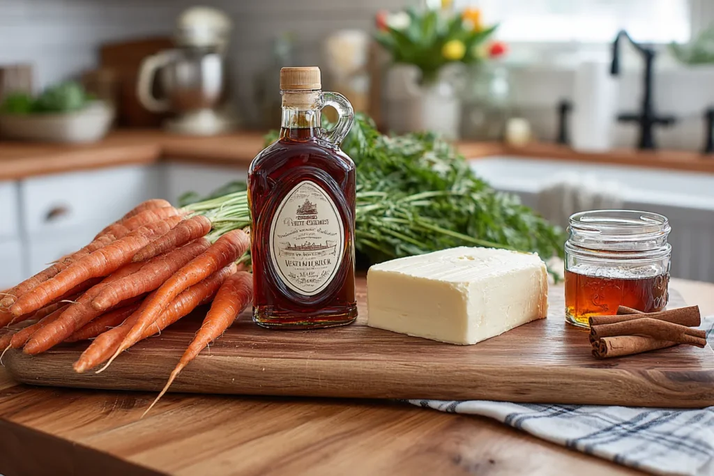 Fresh carrots, butter, maple syrup, and cinnamon sticks on a wooden board – ingredients for Garlic Bread Rolls and other cozy holiday recipes