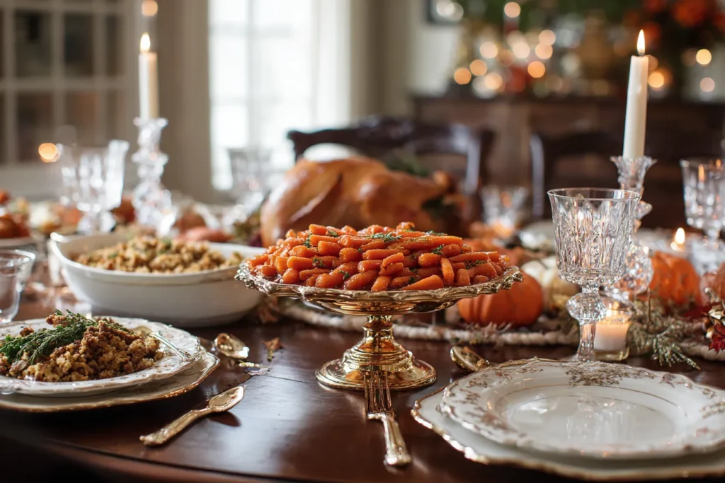 Slow Cooker Maple & Brown Sugar Glazed Carrot served on a golden platter at a Thanksgiving dinner table surrounded by festive dishes and decor
