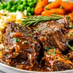 Slow Cooker Short Ribs plated with mashed potatoes, carrots, and peas in rich gravy.