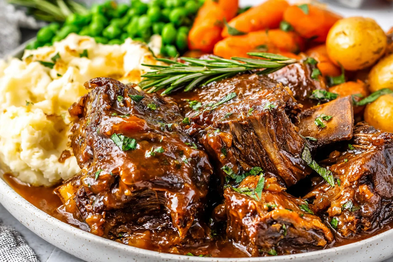 Slow Cooker Short Ribs plated with mashed potatoes, carrots, and peas in rich gravy.