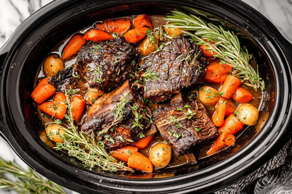 Slow Cooker Short Ribs cooked with carrots, potatoes, rosemary, and thyme in a crockpot.