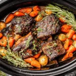 Slow Cooker Short Ribs cooked with carrots, potatoes, rosemary, and thyme in a crockpot.