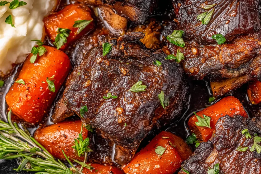 Slow Cooker Short Ribs served with carrots and mashed potatoes, coated in rich gravy.