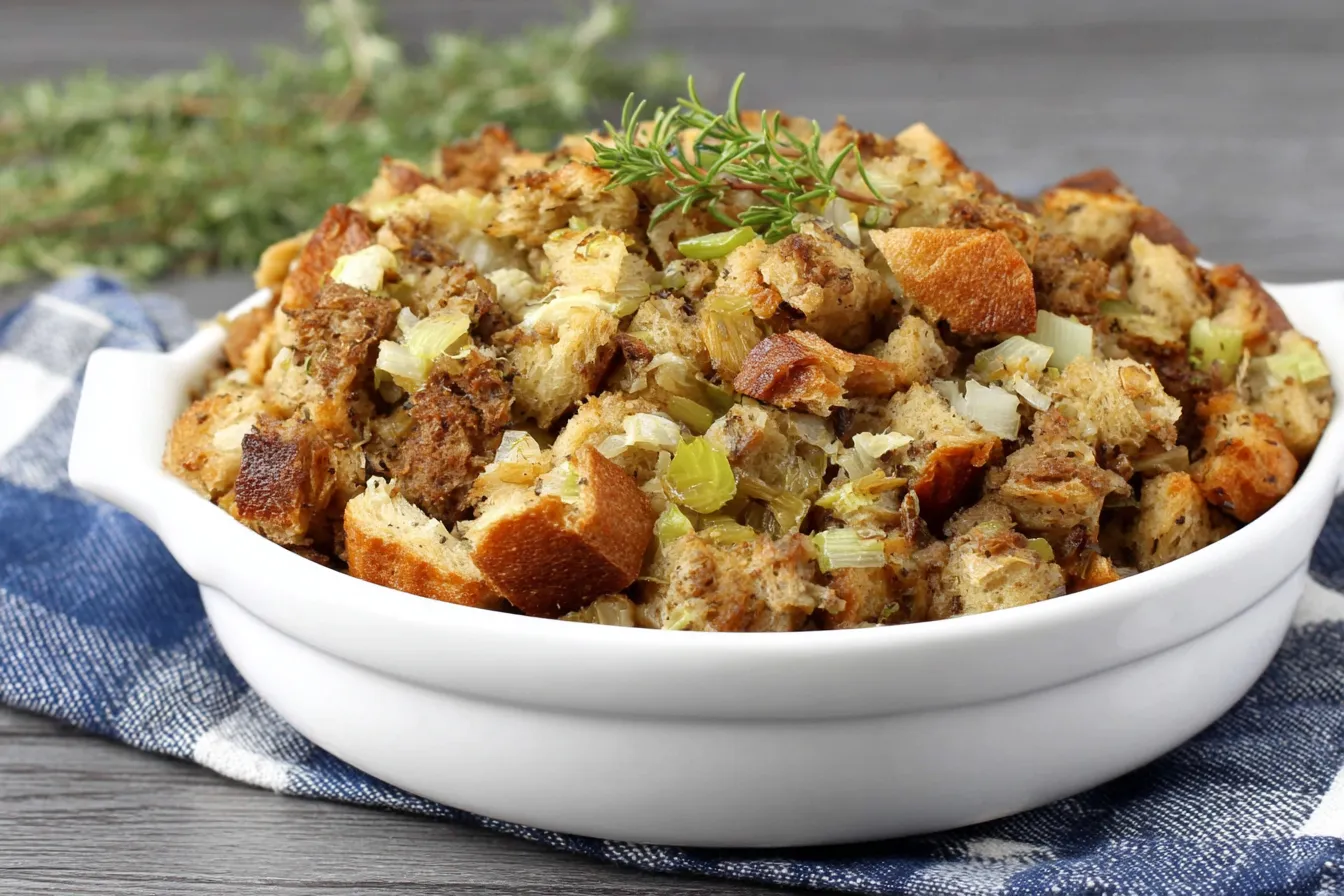 Slow Cooker Stuffing served in a white dish with rosemary sprig