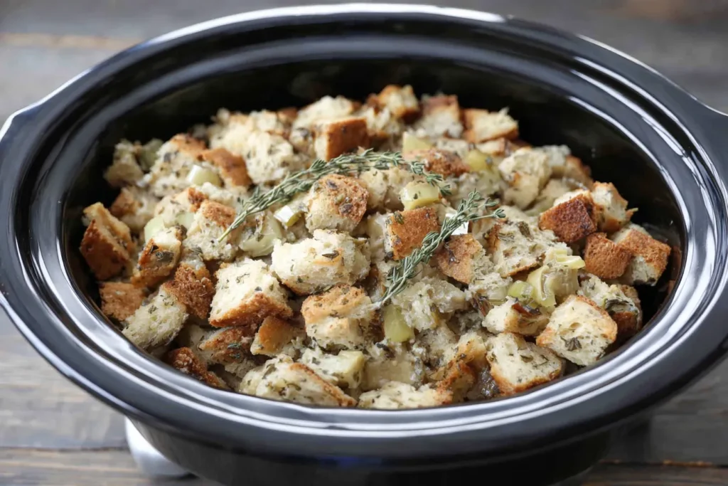 Slow Cooker Stuffing cooking in a slow cooker
