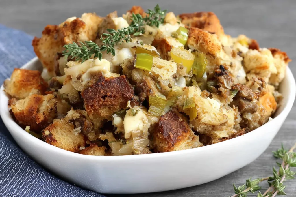 Close-up of Slow Cooker Stuffing with cheese and herbs