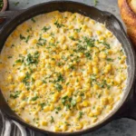 Southern Creamed Corn served in a skillet with fresh herbs and crusty bread on the side.