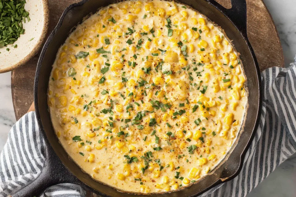 Southern Creamed Corn in a cast iron skillet topped with fresh parsley and black pepper.