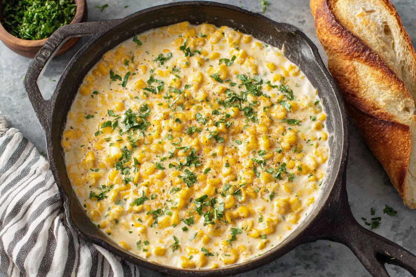 Southern Creamed Corn served in a skillet with fresh herbs and crusty bread on the side.