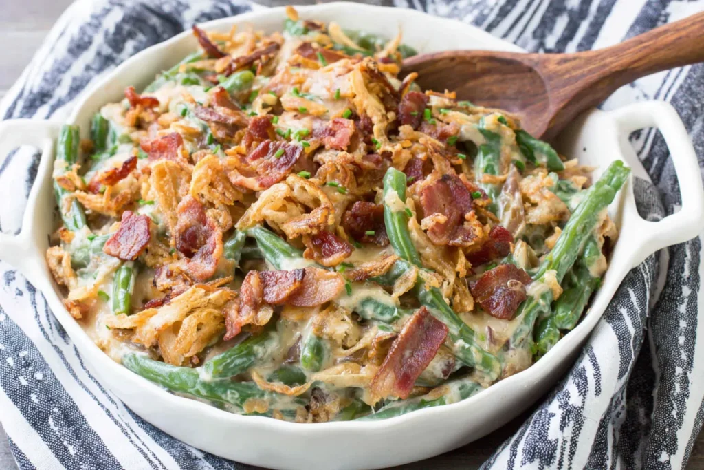 Southern Green Bean Casserole with Bacon featuring smoky flavor and crispy topping.