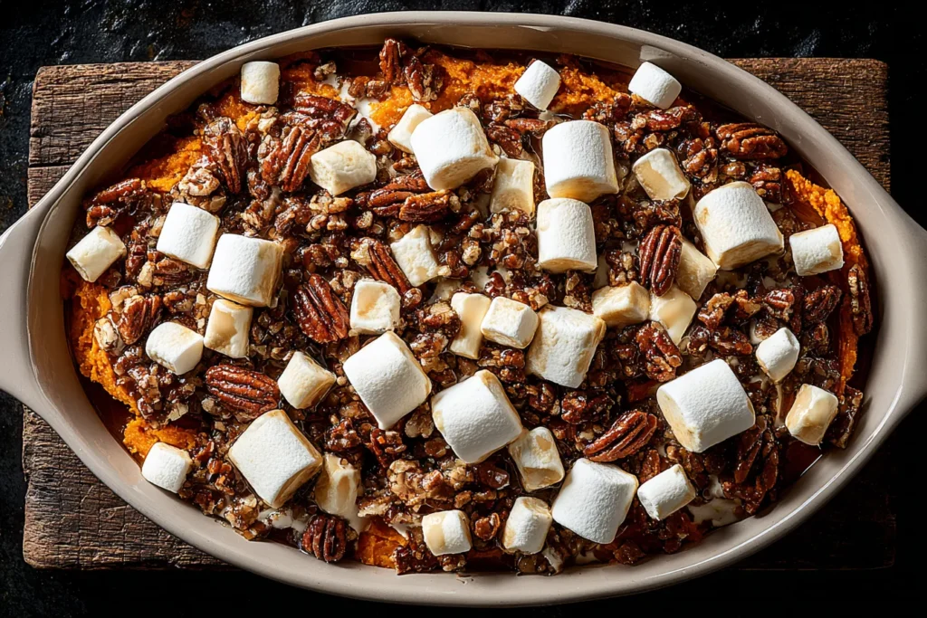 Southern Maple Sweet Potato Casserole assembled with marshmallows and pecans before baking
