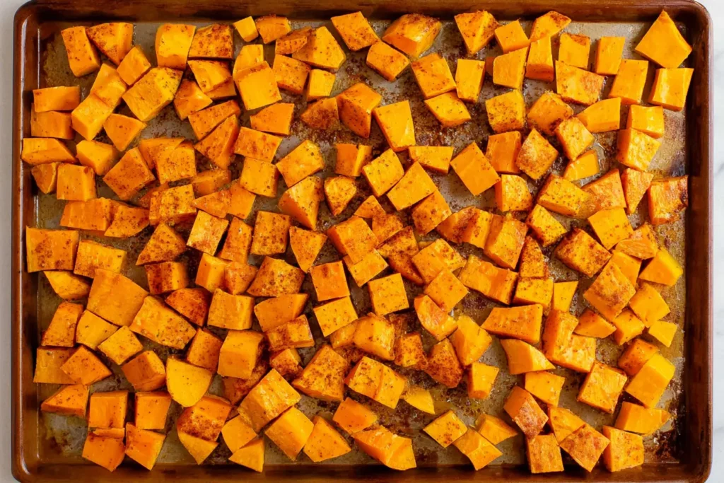 Seasoned sweet potato cubes ready to roast for Southern Maple Sweet Potato Casserole