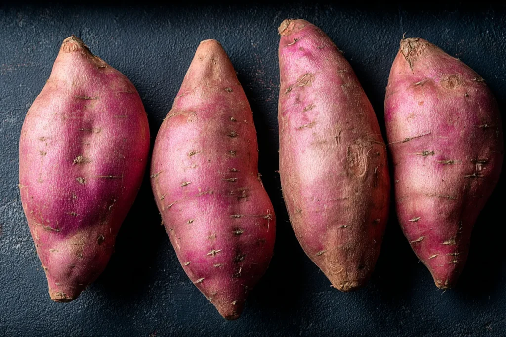 Four whole sweet potatoes for Southern Maple Sweet Potato Casserole on a dark background