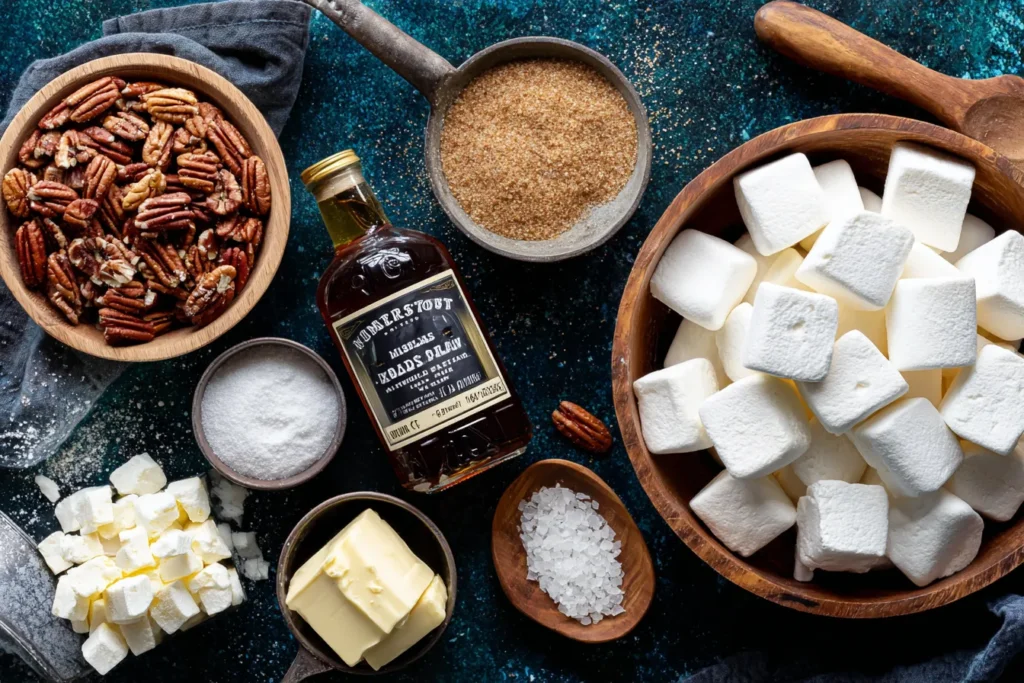 Marshmallows, pecans, maple syrup, and butter for Southern Maple Sweet Potato Casserole