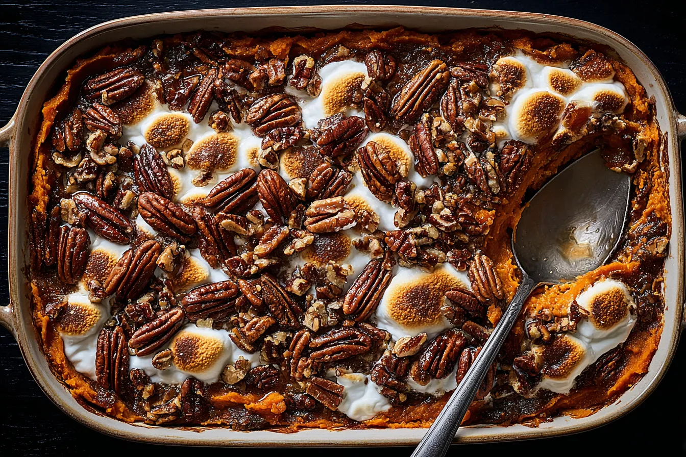 Southern Maple Sweet Potato Casserole with a serving spoon in a baking dish