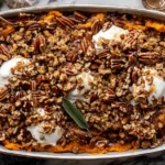 Southern Maple Sweet Potato Casserole fresh from the oven with melted marshmallows and toasted pecans