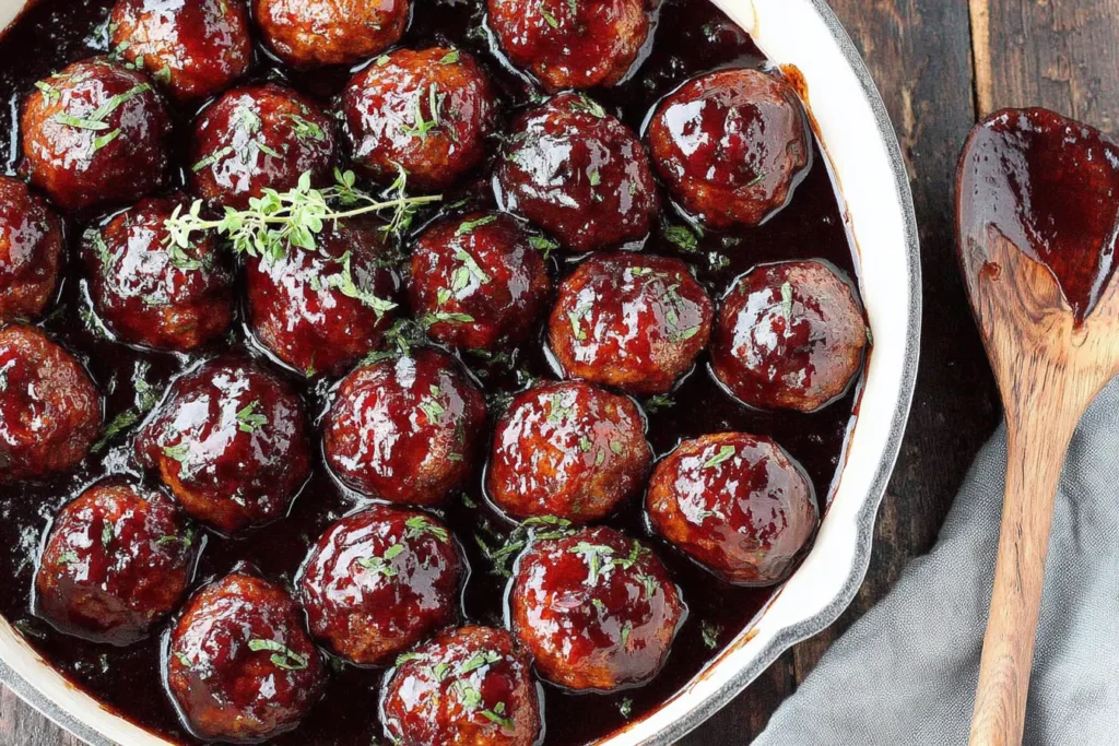 Spicy Cranberry BBQ Meatballs served in a skillet with a rich, sticky glaze and fresh herbs.