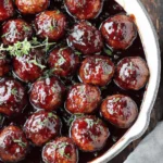 Spicy Cranberry BBQ Meatballs served in a skillet with a rich, sticky glaze and fresh herbs.