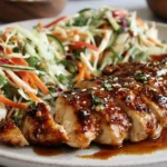 Plate of sticky apple cider chicken with colorful crisp slaw showing Why Sticky Apple Cider Chicken with Crisp Autumn Slaw Shines.