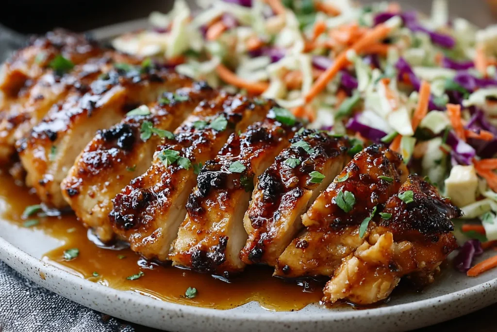 Sliced sticky apple cider chicken in glossy caramelized glaze beside autumn slaw, showing Why Sticky Apple Cider Chicken with Crisp Autumn Slaw Shines.