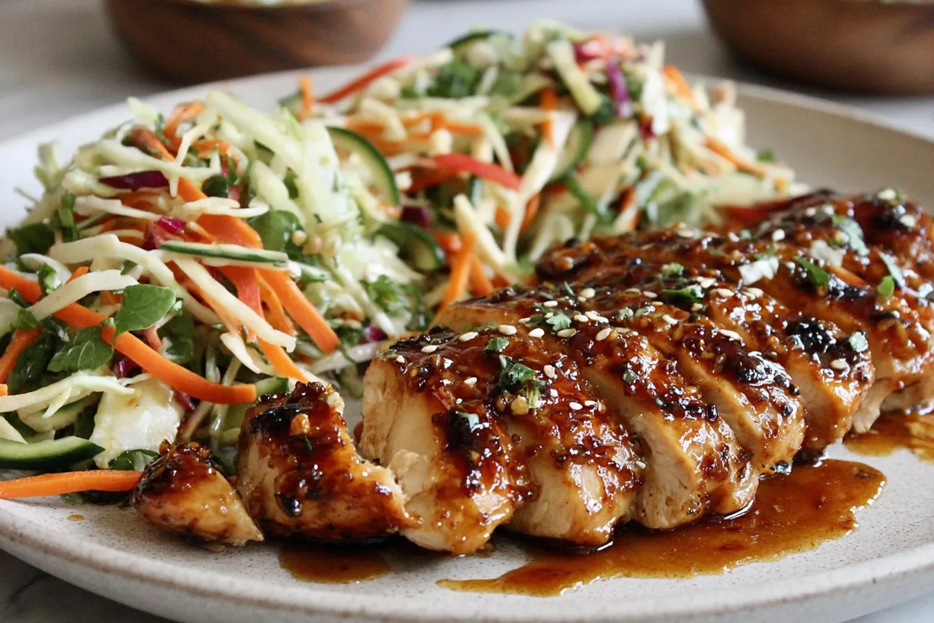 Plate of sticky apple cider chicken with colorful crisp slaw showing Why Sticky Apple Cider Chicken with Crisp Autumn Slaw Shines.