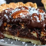 Texas Chocolate Pecan Pie slice topped with glossy melted chocolate, pecans, and sea salt flakes