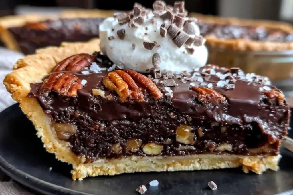 Texas Chocolate Pecan Pie with whipped cream and chocolate shavings on top