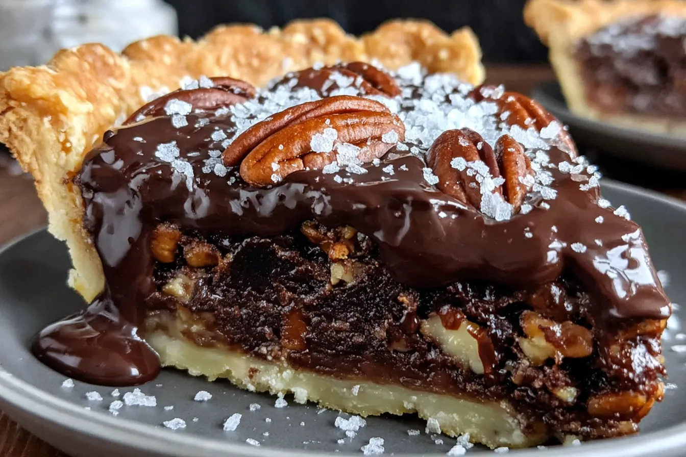 Texas Chocolate Pecan Pie slice topped with glossy melted chocolate, pecans, and sea salt flakes