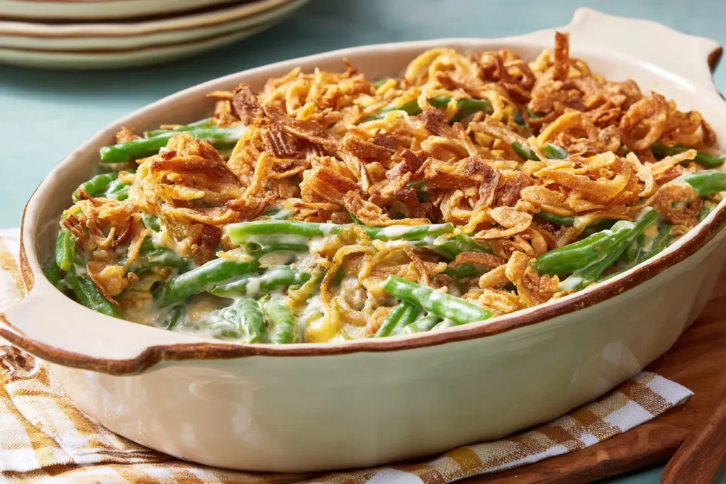 Traditional Southern Green Bean Casserole baked with creamy mushroom sauce and crispy fried onions.