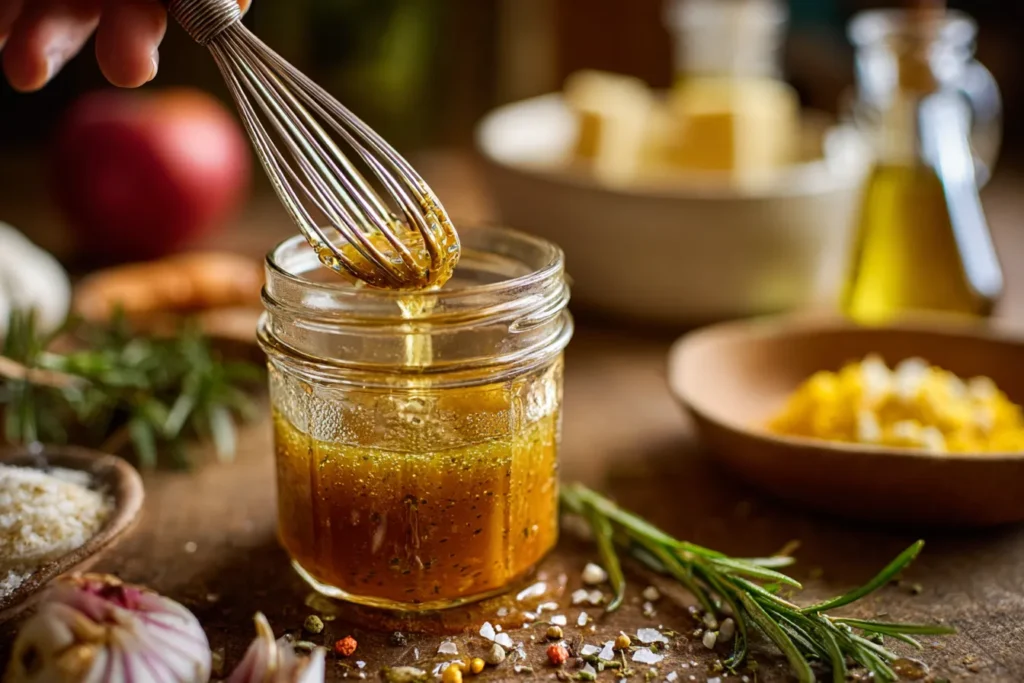 Apple cider vinaigrette for Autumn Harvest Honeycrisp Apple and Feta Salad being whisked in a glass jar with fresh herbs.