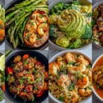 A colorful collage of Healthy Dinner Recipes featuring shrimp bowls, roasted vegetables, sweet potatoes, broccoli dishes, and flavorful chicken meals.