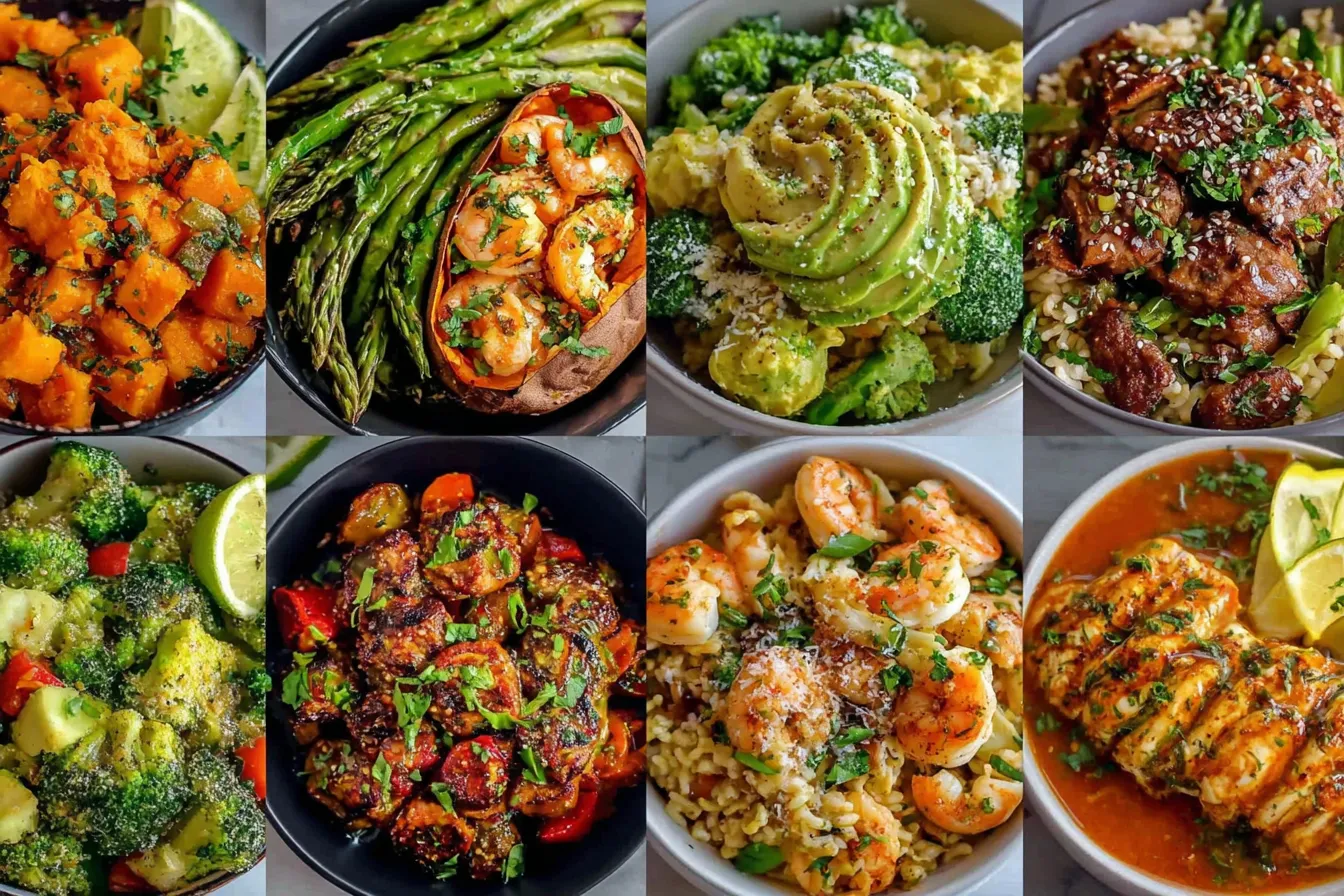 A colorful collage of Healthy Dinner Recipes featuring shrimp bowls, roasted vegetables, sweet potatoes, broccoli dishes, and flavorful chicken meals.