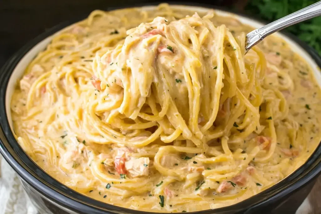 A creamy serving of CrockPot Chicken Spaghetti lifted with a fork, showing tender noodles coated in rich cheese sauce.