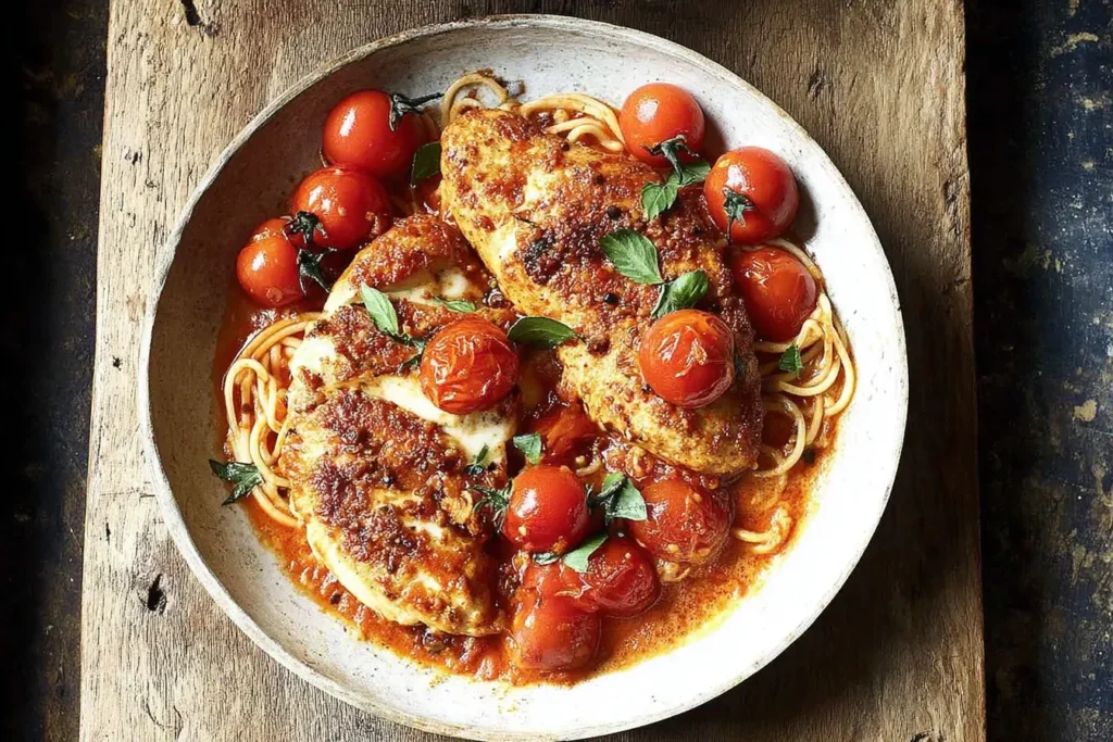 Plate of Garlic Tomato Chicken with Mozzarella served over spaghetti with cherry tomatoes, fresh basil, and rich tomato sauce.
