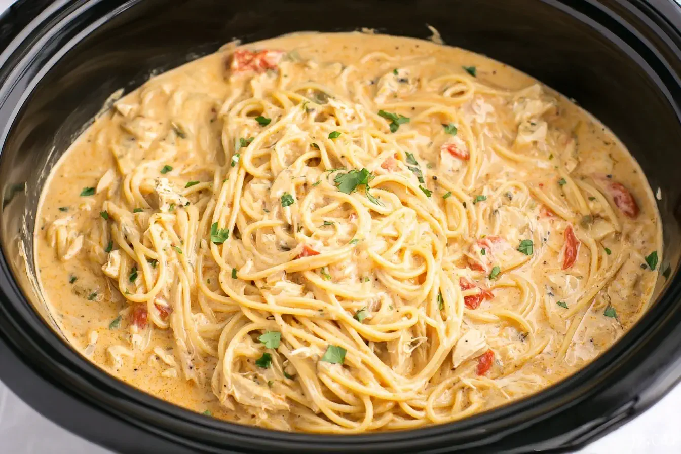 Creamy CrockPot Chicken Spaghetti in a slow cooker with tender noodles, diced tomatoes, and rich cheese sauce.
