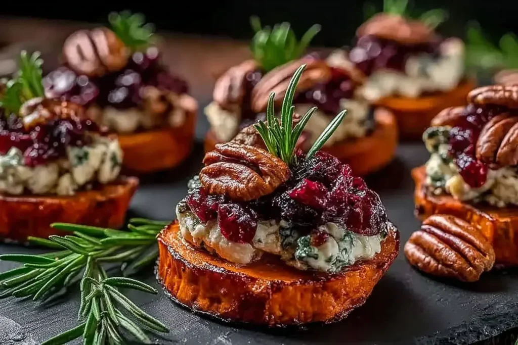 Sweet Potato Rounds with Brie Cranberry and Pecans garnished with fresh rosemary and toasted pecans on a dark serving board