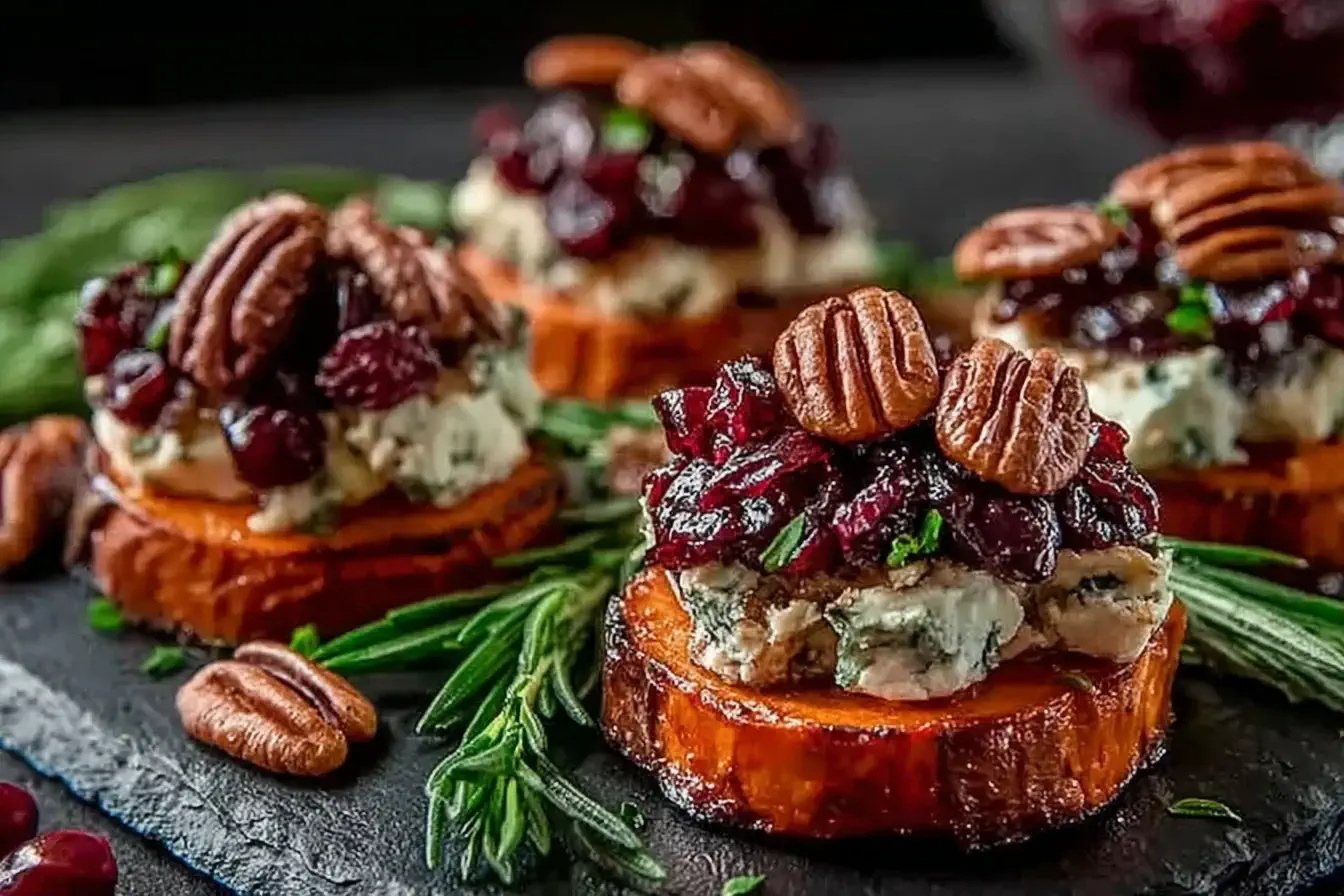 Sweet Potato Rounds with Brie Cranberry and Pecans topped with toasted pecans and cranberries on a slate serving board