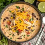 A bowl of Crockpot Creamy Chicken Taco Soup topped with cheddar cheese, beans, corn, and cilantro.