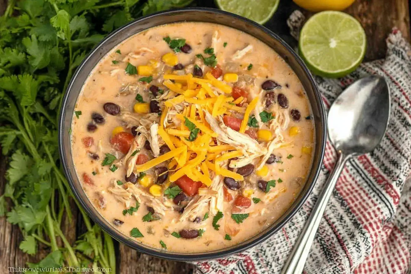 A bowl of Crockpot Creamy Chicken Taco Soup topped with cheddar cheese, beans, corn, and cilantro.