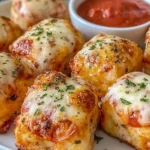 Air Fryer Pizza Rolls topped with melted cheese and herbs served with marinara dipping sauce