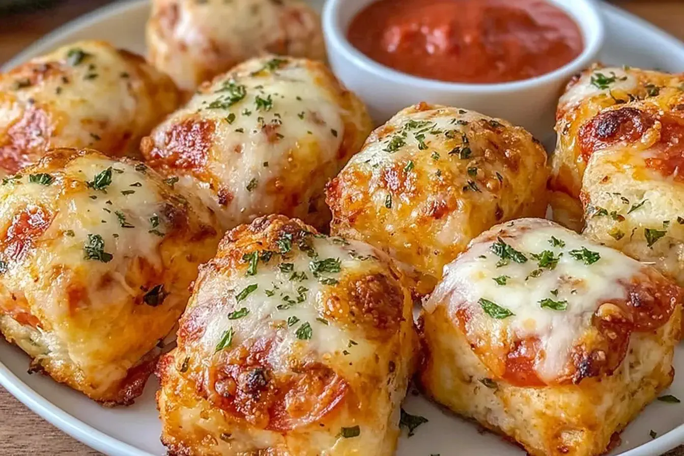 Air Fryer Pizza Rolls topped with melted cheese and herbs served with marinara dipping sauce