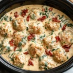 Crockpot Marry Me Chicken Meatballs in creamy sauce with spinach and sun-dried tomatoes, cooked to perfection.