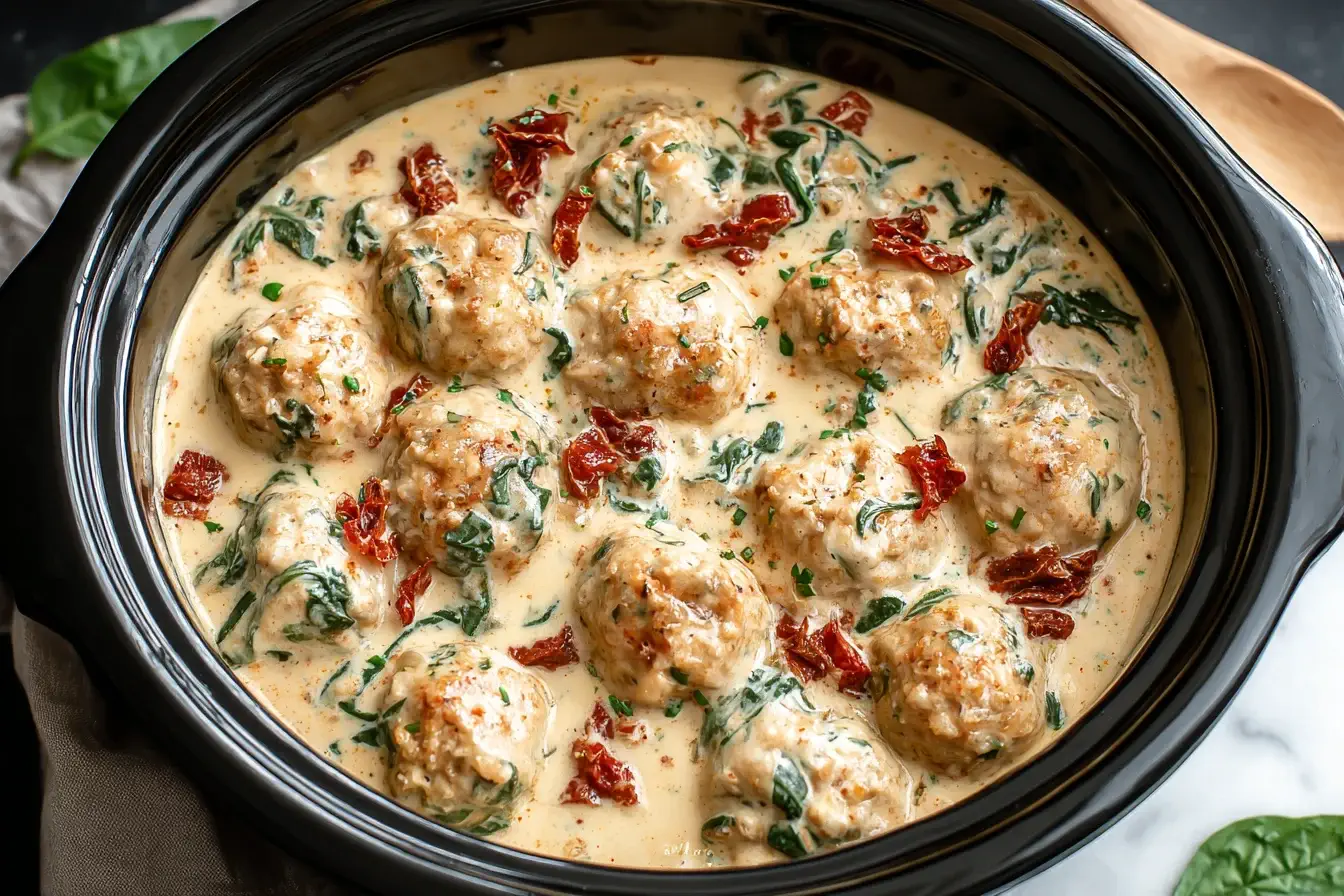 Crockpot Marry Me Chicken Meatballs in creamy sauce with spinach and sun-dried tomatoes, cooked to perfection.