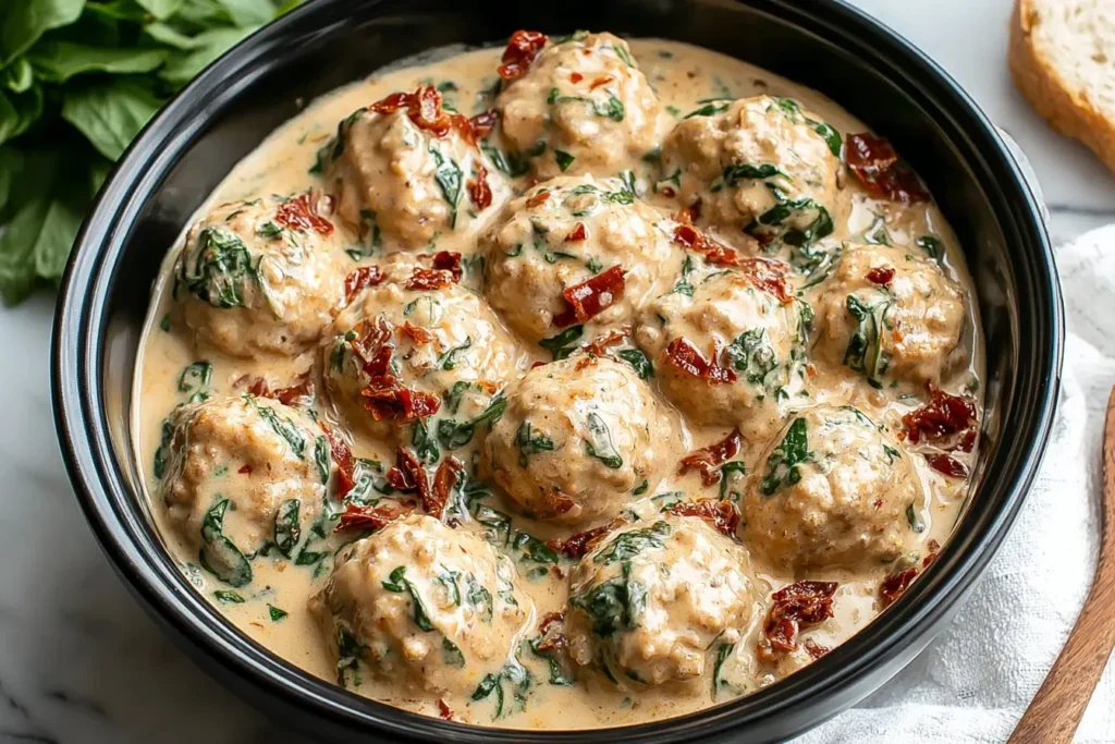 Crockpot Marry Me Chicken Meatballs in creamy sauce with spinach and sun-dried tomatoes.