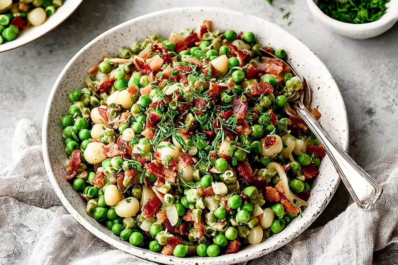Thanksgiving Peas Pancetta served in a rustic bowl with crispy pancetta, sweet peas, and fresh herbs for a festive and flavorful holiday side dish.