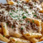 Slow Cooker Creamy Garlic Beef Pasta topped with rich creamy sauce, tender beef, and parsley in a white bowl
