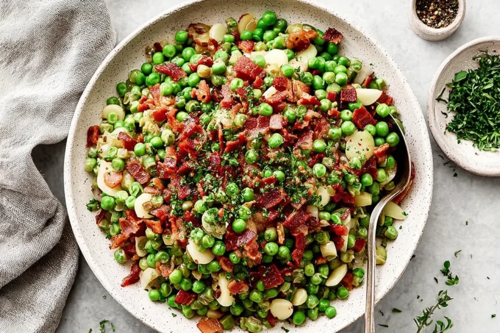 Thanksgiving Peas Pancetta with crispy pancetta, tender peas, and fresh herbs served in a white bowl for a cozy holiday side dish.