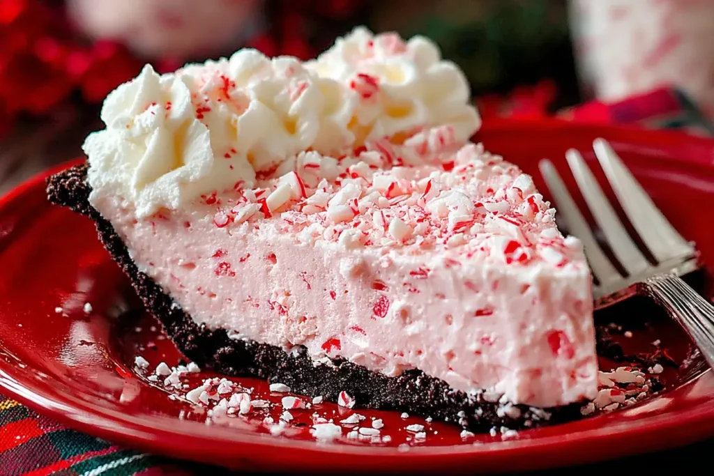 A slice of No Bake Christmas Peppermint Pie with a creamy pink peppermint filling, chocolate crust, whipped topping, and crushed candy canes on a red plate.