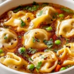 Bowl of Potsticker Soup filled with tender dumplings, peas, carrots, herbs, and a rich savory broth.